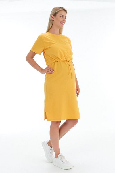 BUSA Pregnant Breastfeeding Detailed Front Lace Up Side Slit Short Sleeve Dress Yellow