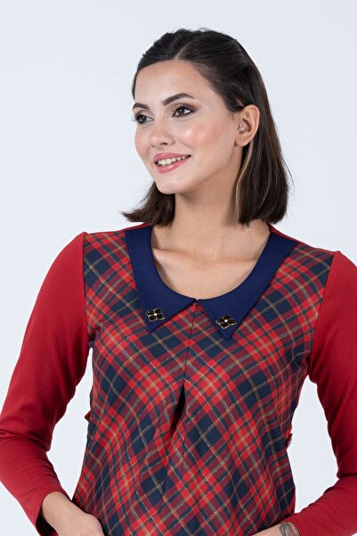 BUSA Hamile Ekose Kumaş Yakalı Günlük Elbise Kırmızı