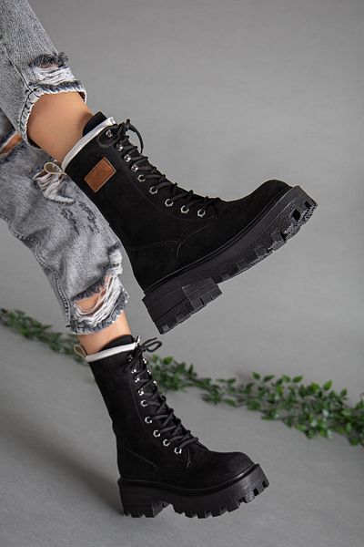 Dilimler Ayakkabı Suede Lace-Up Thick Sole Black Women's Boots