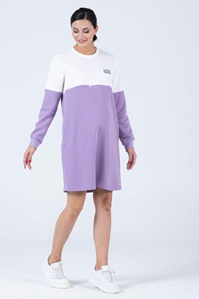 BUSA Hamile Blok Renk Sweat Elbise Lila