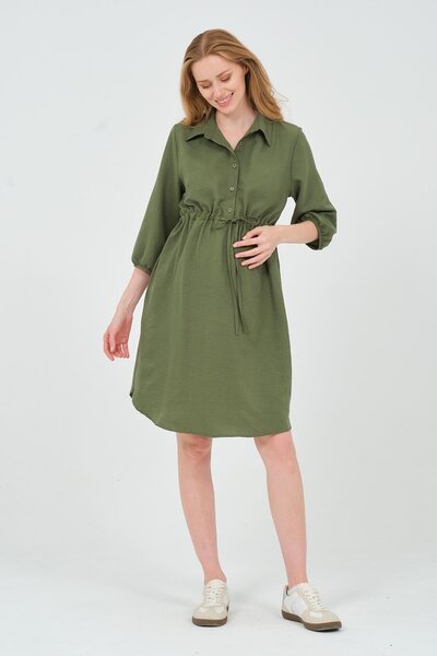 BUSA Khaki Colored Maternity and Poor Sleeve Intermediate Dress - Waist Lace