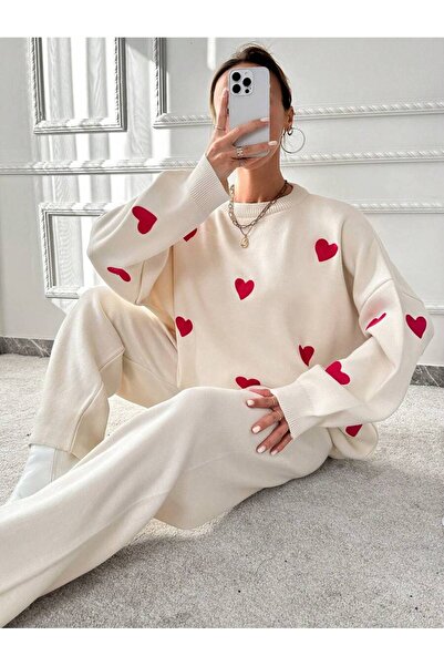 Bengi Clothing Detaliu broderie inimă pentru damă, tricotaje supradimensionate, pulover, pantaloni, set de două piese