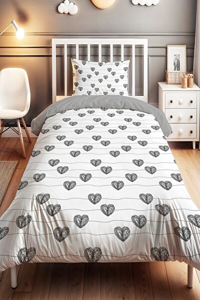 EVPANYA Gri Örgü Kalpler Desenli Tek Kişilik Bebek Çocuk Nevresim Seti