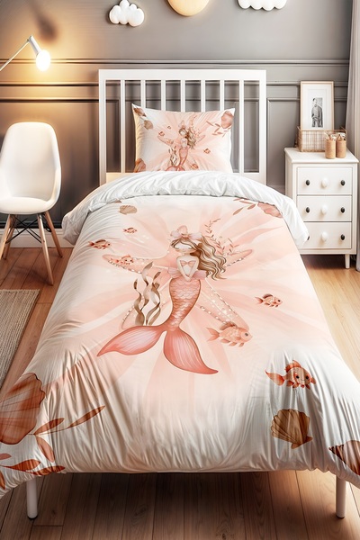 EVPANYA Pembe Deniz Kızı Desenli Tek Kişilik Bebek Çocuk Nevresim Seti