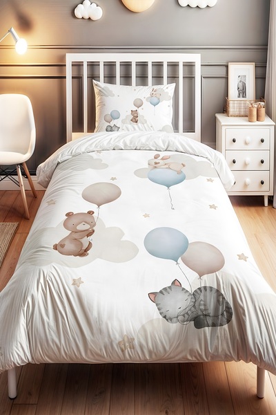 EVPANYA Kremli Mavili Balonlu Hayvanlar Desenli Tek Kişilik Bebek Çocuk Nevre...