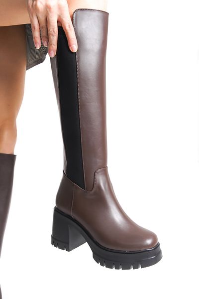 SEEM & BE Elsa Stretch Elastische Damenstiefel mit dickem Absatz und Reißverschluss in Braun
