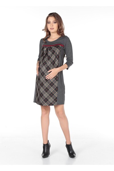 BUSA Maternity Plaid Steel Fabric Pleated Casual Dress on the Chest Anthracite