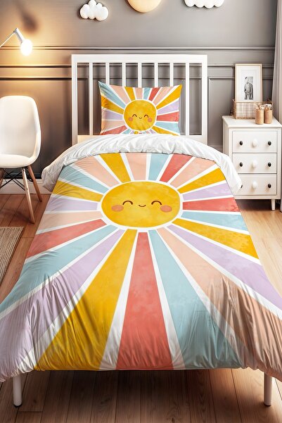 EVPANYA Gülen Gökkuşağı Desenli Tek Kişilik Bebek Çocuk Nevresim Seti