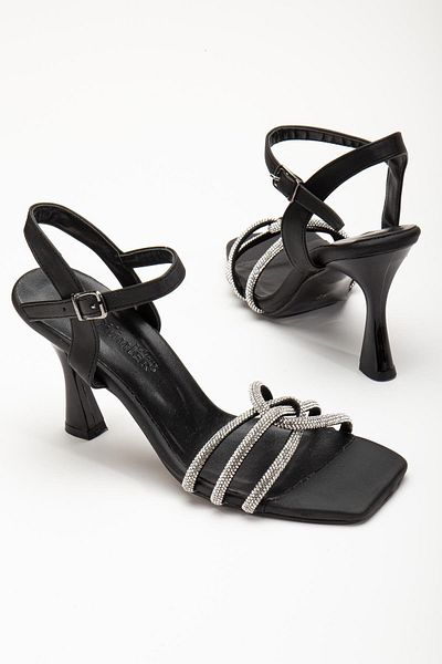 Dilimler Ayakkabı 3 Bands Stoned Satin Black Women's Heeled Evening Dress Shoes