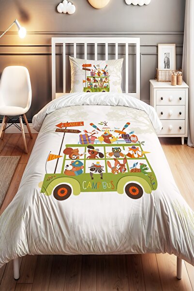 EVPANYA Kampüs Otobüs Safari Desenli Tek Kişilik Bebek Çocuk Nevresim Seti