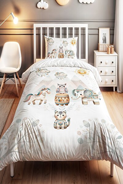 EVPANYA Bohem Kızılderili Sevimli Hayvanları Desenli Tek Kişilik Bebek Çocuk Nevresim Seti