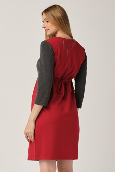 BUSA Maternity Casual Dress Zipper Collar Red