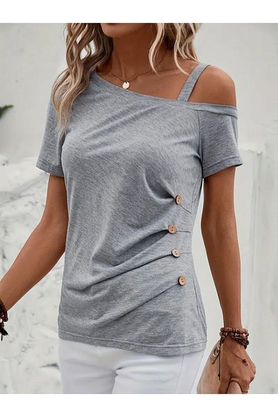 trend henna Women's Short Sleeve One Side Strap Low Shoulder Button Detail Viscose Blouse