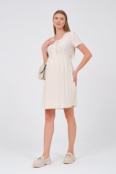 BUSA Φόρεμα εγκυμοσύνης εκρού λινό - μπροστινό βολάν, κοντομάνικο