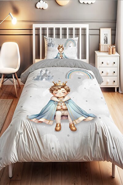 EVPANYA Uykucu Taçlı Prens Desenli Tek Kişilik Bebek Çocuk Nevresim Seti