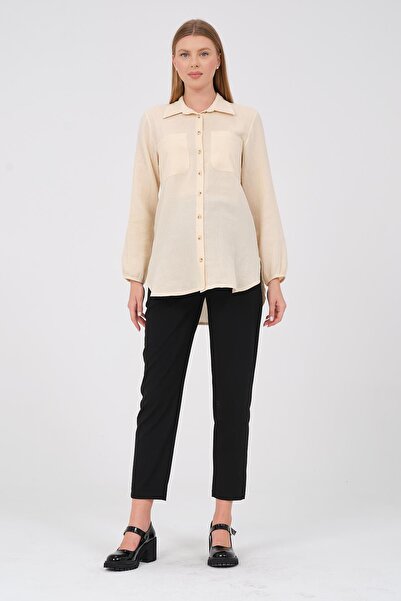 BUSA Linen Shirt - Maternity Elastic Sleeve, Front Pocket, Cream Color