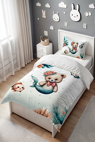 EVPANYA Deniz Kızı Ayıcık Desenli Tek Kişilik Bebek Çocuk Nevresim Seti