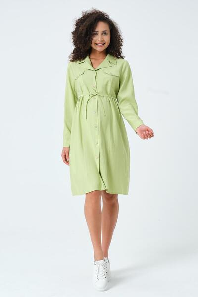 BUSA Maternity Long Sleeve Front Button Pocket Detail Midi Dress Pistachio Green