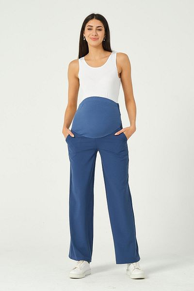 BUSA Pantaloni din Gabardina Albastra - Insarcinata, Banda Abdominal Flexibila si Picior Lat