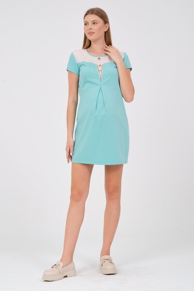 BUSA Light Green Maternity Mini Dress - Short Sleeve and Lace-up Back