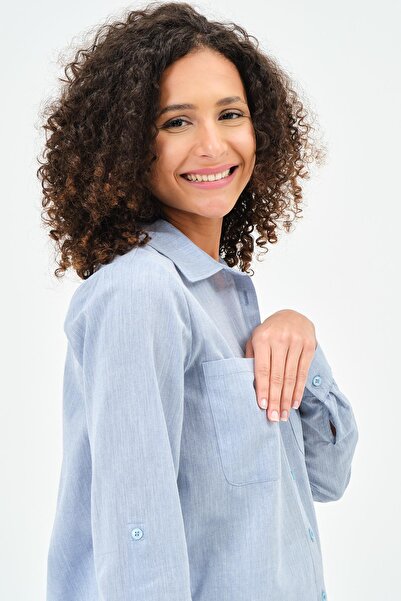 BUSA Maternity Long Sleeve Linen Shirt with Front Pockets Blue