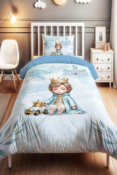 EVPANYA Uyuyan Arabalı Prens  Desenli Tek Kişilik Bebek Çocuk Nevresim Seti