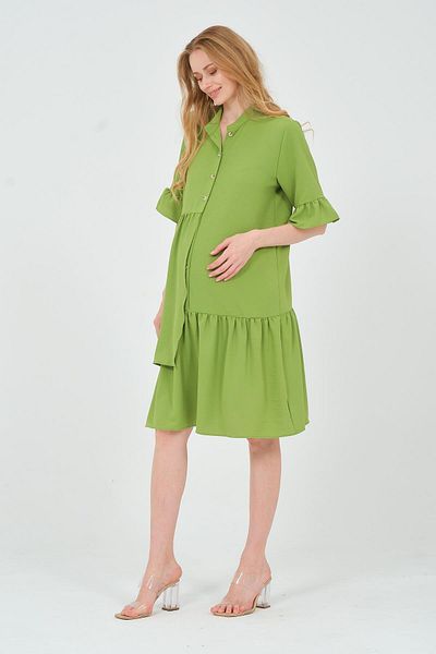 BUSA Rochie midi verde - gravidă, nasturi în față, detaliu cu volan, mânecă slabă