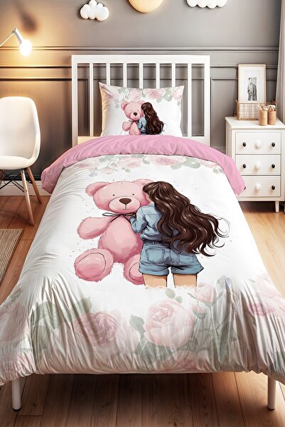 EVPANYA طقم سرير أطفال فردي بتصميم دمية دب وردي وفتاة