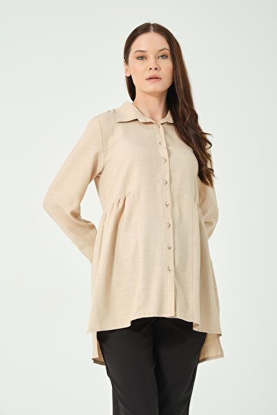 BUSA Beige Colored Maternity Linen Shirt - Short Front and Long Back