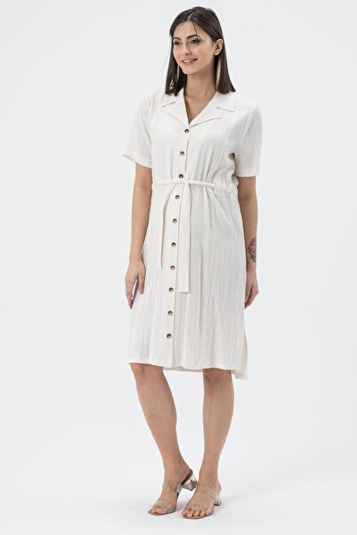 BUSA Maternity Wrapped Fabric Short Sleeve Belted Dress Ecru