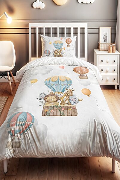 EVPANYA طقم سرير أطفال فردي منقوش بالون سفاري باللون البرتقالي والأزرق