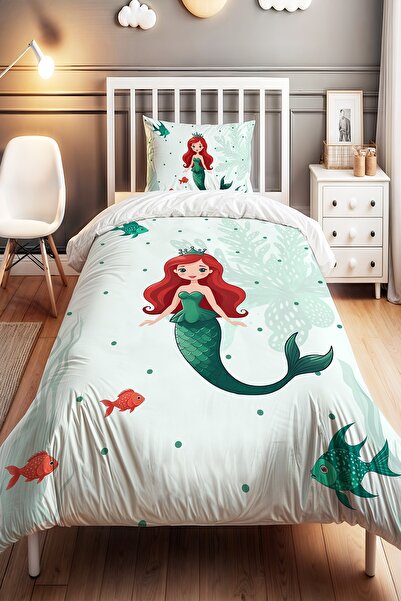 EVPANYA طقم سرير أطفال فردي بتصميم حورية البحر باللون الأحمر