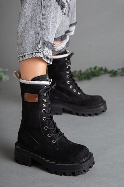 Dilimler Ayakkabı Suede Lace-Up Thick Sole Black Women's Boots