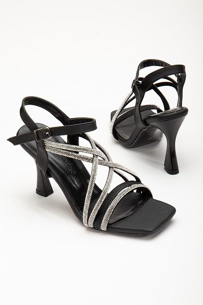 Dilimler Ayakkabı Black Women's Evening Dress Shoes with Single Band and Ankle Stones