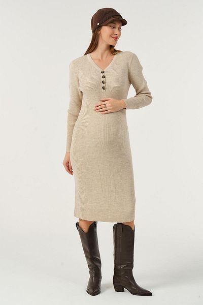 BUSA Rochie de maternitate, cu decolteu în V, cu nasturi, tricotaj, bej