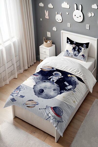 EVPANYA Lacivert Gri Maceracı Astronot Desenli Tek Kişilik Bebek Çocuk Nevresim Seti