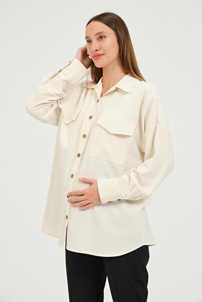 BUSA Ecru Colored Maternity Shirt - Front Pocket and Button
