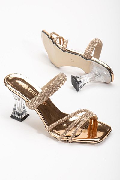 Dilimler Ayakkabı Thick Tekband Jewelled Mirror Material Rose Women's Transparent Heeled Evening Dress Slippers