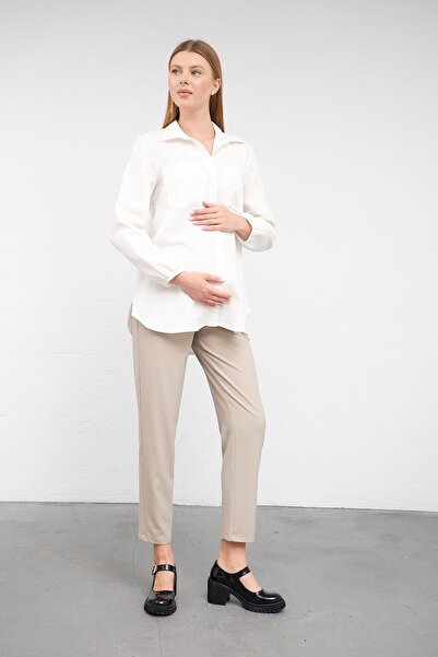 BUSA White Linen Shirt - Maternity Sleeve Elastic, Front Pocket