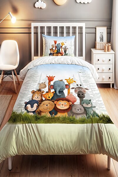 EVPANYA Mutlu Sevimli Dostlar Desenli Tek Kişilik Bebek Çocuk Nevresim Seti