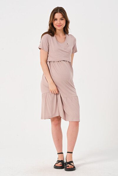 BUSA Hamile Emzirme Detaylı Kısa Kollu Penye Elbise Bej