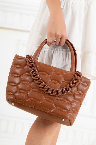 Dilimler Ayakkabı Quilted Stitched Chain Tan Women's Shoulder Bag