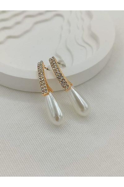 Jerie Gold Pearl and Zircon Stone Imported Flow Earrings