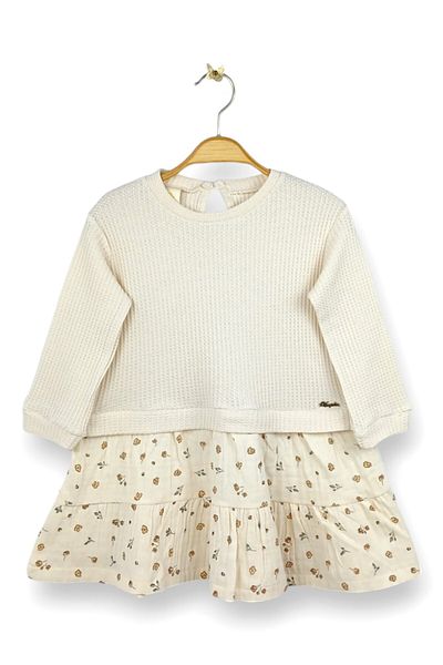 Via Girls 9-24 Months Baby Girl Beige Waffle Print Long Sleeve Dress