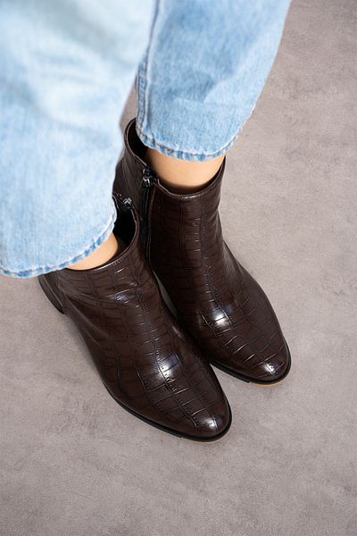 KOTAN Καφέ Crocodile Zipper Λεπτομερείς άνετες γυναικείες μπότες με τακούνι