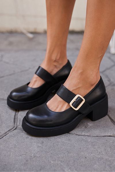ANGELİNA JONES Cooper Women's Black Real Leather Marry Style Shoes