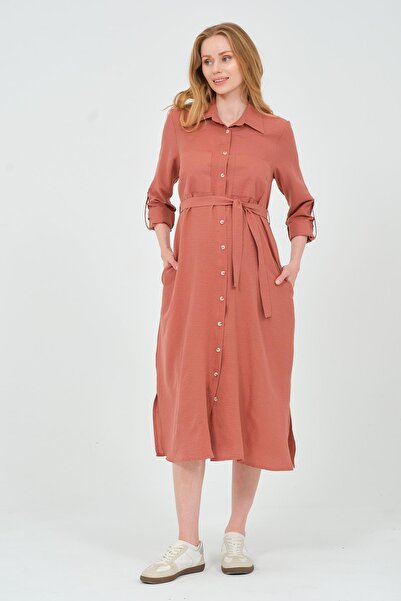 BUSA Hamile Gömlek Yaka Önden Cepli Midi Boy Elbise Gül Kurusu