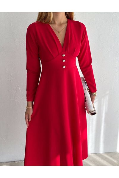 Viyamo New Season Women's V-Neck Button Detail Long Sleeve Midi Invitation Dress