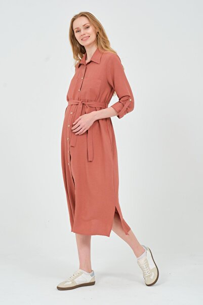BUSA Hamile Gömlek Yaka Önden Cepli Midi Boy Elbise Gül Kurusu