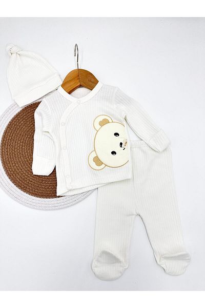 VEGAMOD Girl and Boy Newborn Bear Printed Triple Set with Gloves 0-3 Months